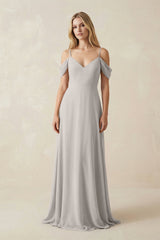 Off - the - Shoulder Chiffon A - Line Maxi Bridesmaid Dress in Silver - KISS BRIDAL Bridesmaid Dresses