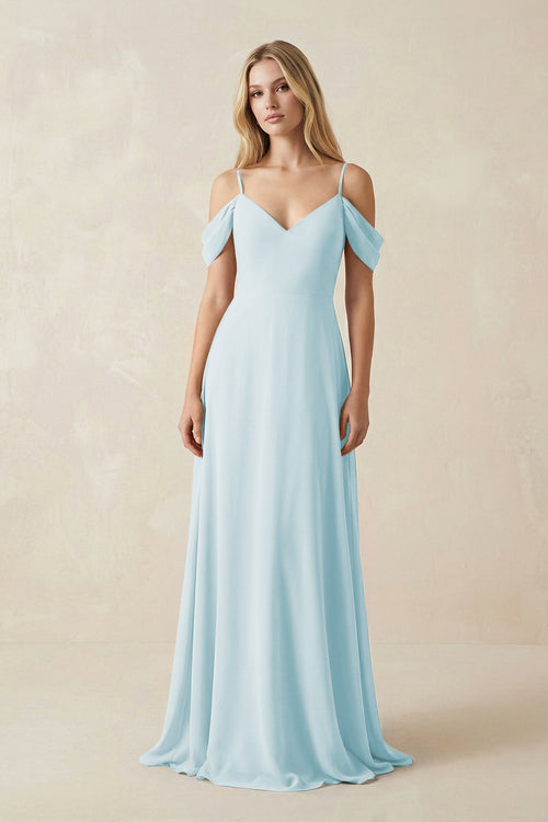Off - the - Shoulder Chiffon A - Line Maxi Bridesmaid Dress in Sky Blue - SHE IS ME Bridesmaid Dresses