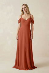 Off - the - Shoulder Chiffon A - Line Maxi Bridesmaid Dress in Spice - KISS BRIDAL Bridesmaid Dresses