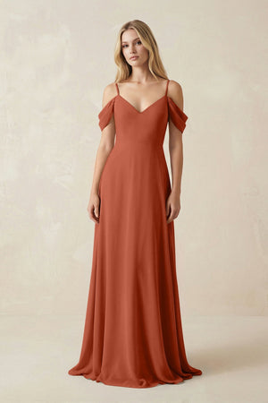 Off - the - Shoulder Chiffon A - Line Maxi Bridesmaid Dress in Spice - SHE IS ME Bridesmaid Dresses