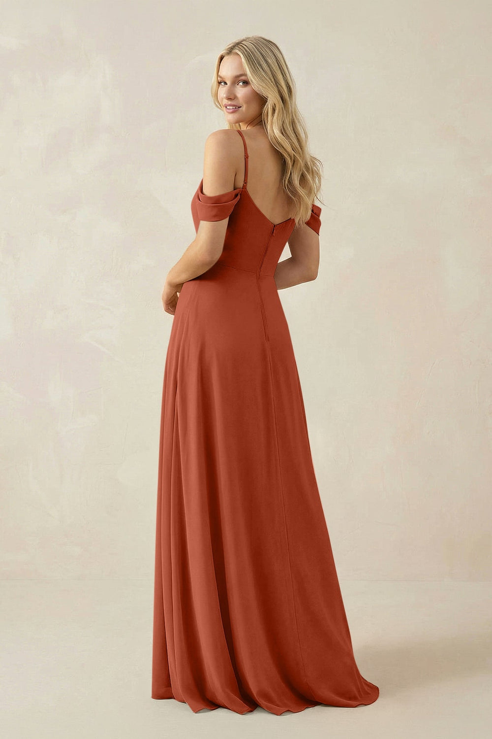 Off - the - Shoulder Chiffon A - Line Maxi Bridesmaid Dress in Spice - SHE IS ME Bridesmaid Dresses