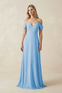 Off - the - Shoulder Chiffon A - Line Maxi Bridesmaid Dress in Steel Blue - SHE IS ME Bridesmaid Dresses
