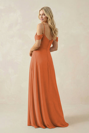 Off - the - Shoulder Chiffon A - Line Maxi Bridesmaid Dress in Terracotta - SHE IS ME Bridesmaid Dresses