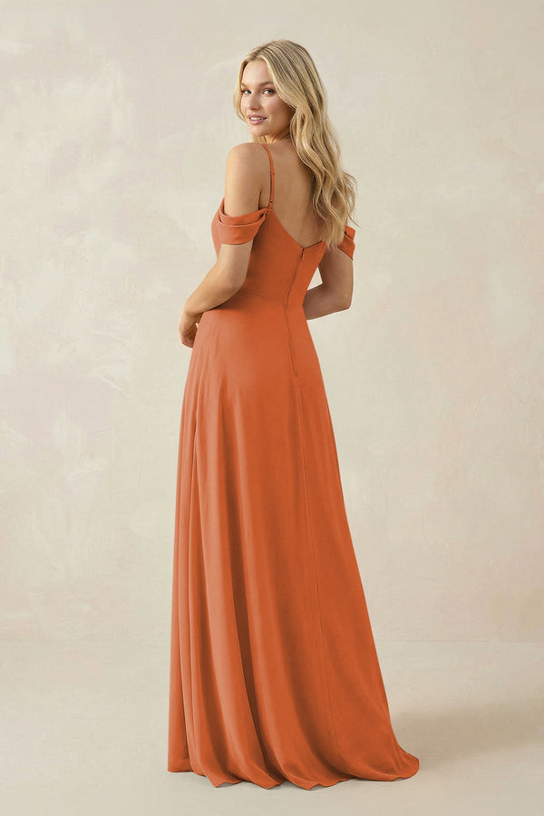 Off - the - Shoulder Chiffon A - Line Maxi Bridesmaid Dress in Terracotta - SHE IS ME Bridesmaid Dresses