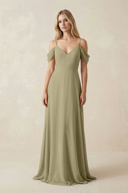 Off - the - Shoulder Chiffon A - Line Maxi Bridesmaid Dress in Thyme - SHE IS ME Bridesmaid Dresses