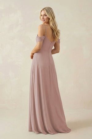 Off-the-Shoulder Chiffon A-Line Maxi Bridesmaid Dress in Toffee (2) | KISSBRIDAL