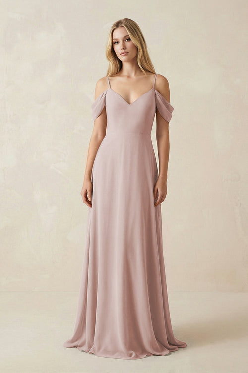 Off - the - Shoulder Chiffon A - Line Maxi Bridesmaid Dress in Toffee - SHE IS ME Bridesmaid Dresses