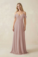 Off-the-Shoulder Chiffon A-Line Maxi Bridesmaid Dress in Toffee | KISSBRIDAL