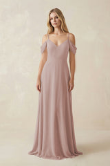 Off-the-Shoulder Chiffon A-Line Maxi Bridesmaid Dress in Toffee | KISSBRIDAL