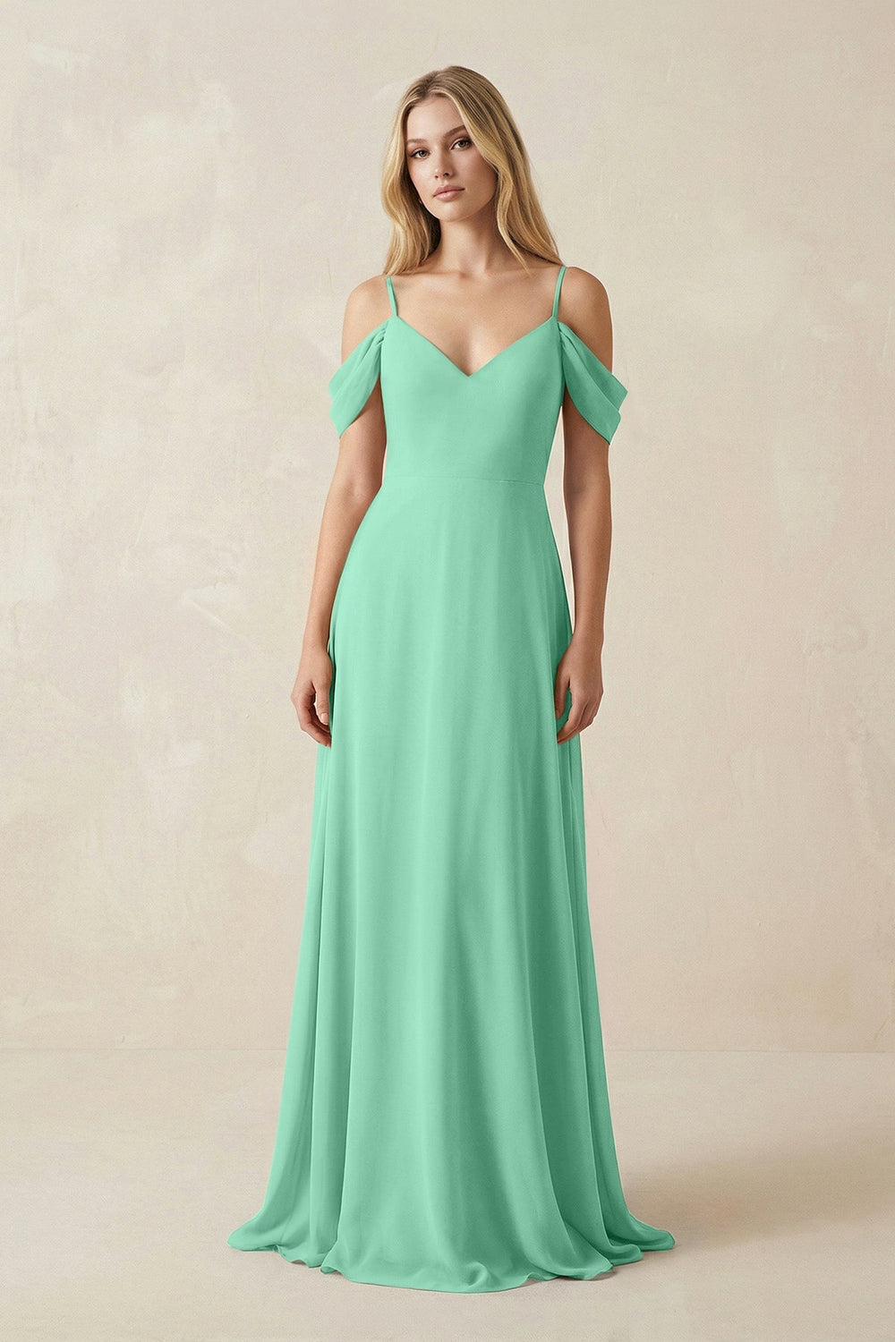 Off - the - Shoulder Chiffon A - Line Maxi Bridesmaid Dress in Turquoise - SHE IS ME Bridesmaid Dresses