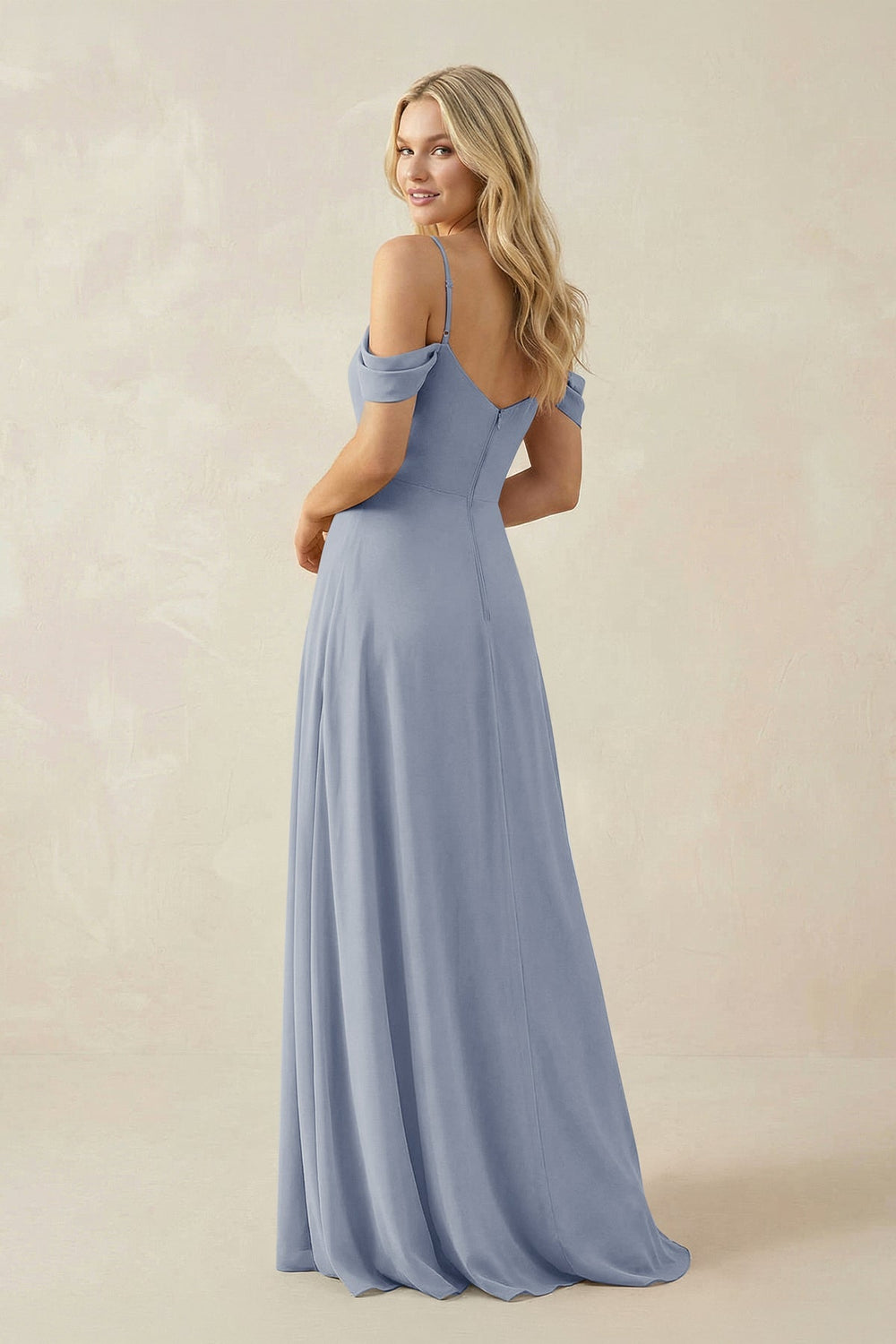Off - the - Shoulder Chiffon A - Line Maxi Bridesmaid Dress in Twilight - SHE IS ME Bridesmaid Dresses