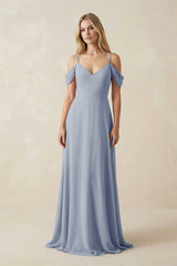 Off - the - Shoulder Chiffon A - Line Maxi Bridesmaid Dress in Twilight - KISS BRIDAL Bridesmaid Dresses