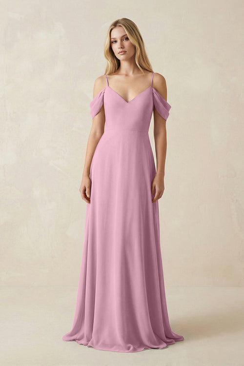 Off - the - Shoulder Chiffon A - Line Maxi Bridesmaid Dress in Vintage Mauve - SHE IS ME Bridesmaid Dresses