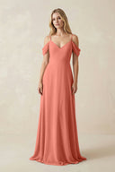 Off - the - Shoulder Chiffon A - Line Maxi Bridesmaid Dress in Wild Rose - SHE IS ME Bridesmaid Dresses
