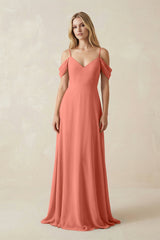 Off - the - Shoulder Chiffon A - Line Maxi Bridesmaid Dress in Wild Rose - KISS BRIDAL Bridesmaid Dresses