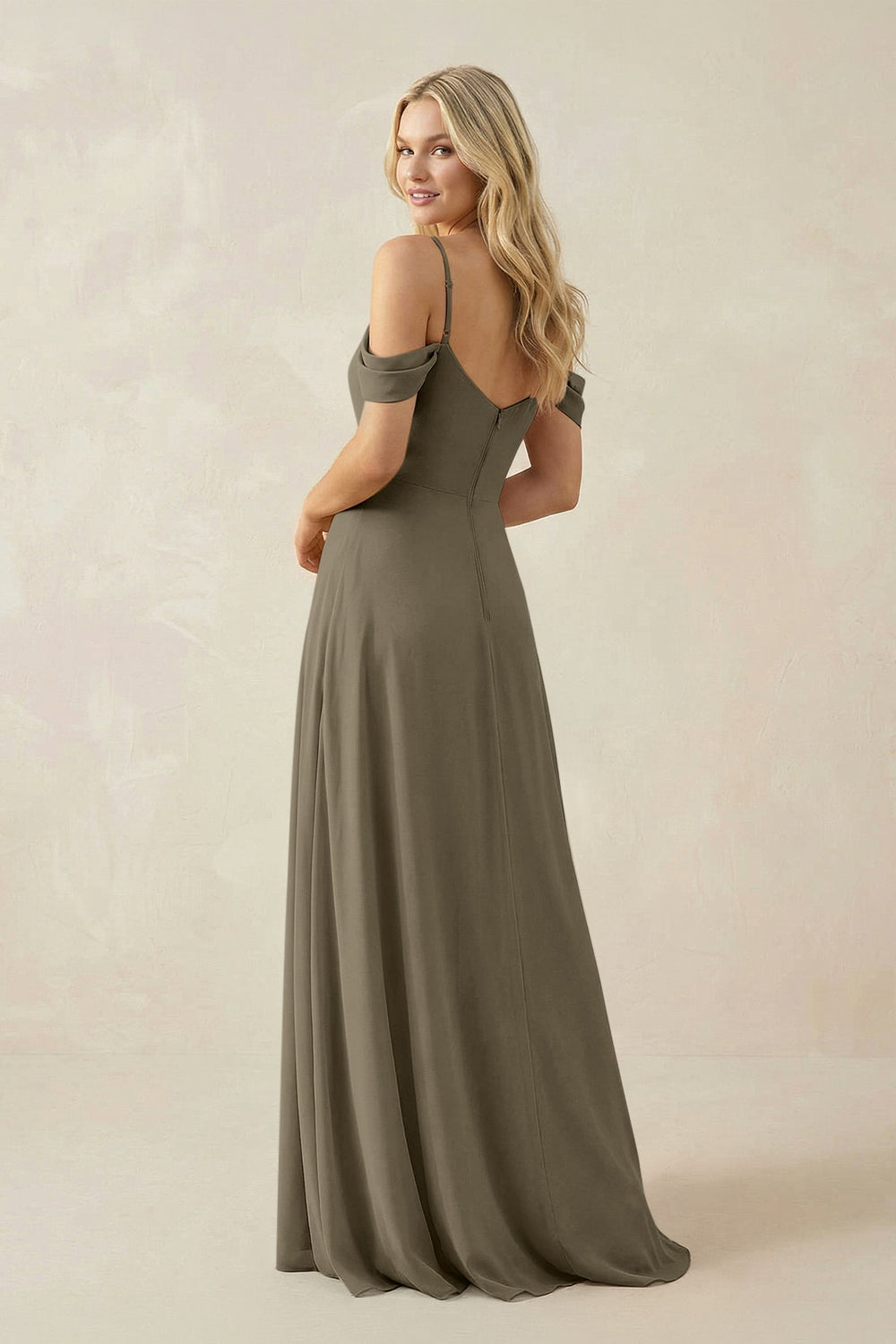 Off - the - Shoulder Chiffon A - Line Maxi Bridesmaid Dress in Willow Green - SHE IS ME Bridesmaid Dresses