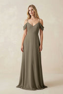 Off - the - Shoulder Chiffon A - Line Maxi Bridesmaid Dress in Willow Green - SHE IS ME Bridesmaid Dresses