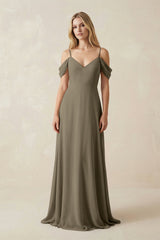 Off - the - Shoulder Chiffon A - Line Maxi Bridesmaid Dress in Willow Green - KISS BRIDAL Bridesmaid Dresses