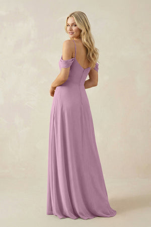 Off - the - Shoulder Chiffon A - Line Maxi Bridesmaid Dress in Wisteria - SHE IS ME Bridesmaid Dresses