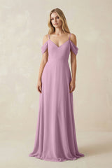 Off - the - Shoulder Chiffon A - Line Maxi Bridesmaid Dress in Wisteria - KISS BRIDAL Bridesmaid Dresses