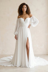 Off - the - Shoulder Chiffon A - Line Pleated Long Sleeve Wedding Dress in White - KISS BRIDAL Wedding Dresses