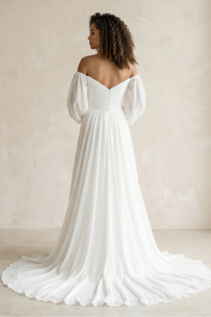 Off - the - Shoulder Chiffon A - Line Pleated Long Sleeve Wedding Dress in White - SHE IS ME Wedding Dresses