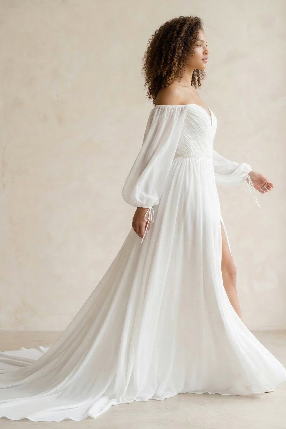Off - the - Shoulder Chiffon A - Line Pleated Long Sleeve Wedding Dress in White - KISS BRIDAL Wedding Dresses