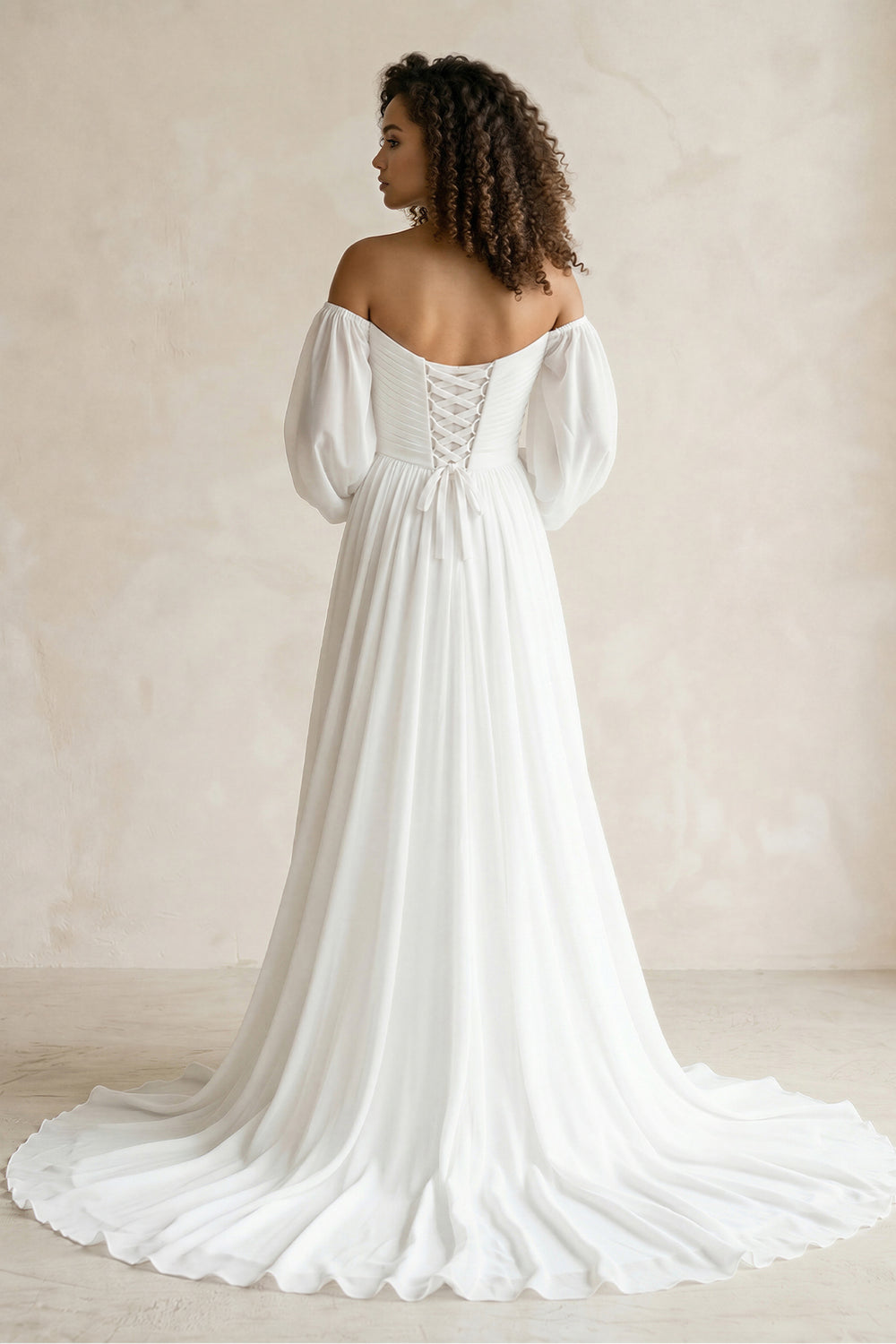 Off - the - Shoulder Chiffon A - Line Pleated Long Sleeve Wedding Dress in White - KISS BRIDAL Wedding Dresses