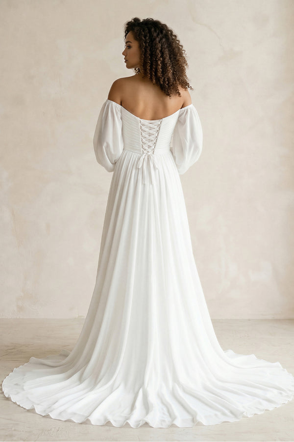 Off - the - Shoulder Chiffon A - Line Pleated Long Sleeve Wedding Dress in White - KISS BRIDAL Wedding 