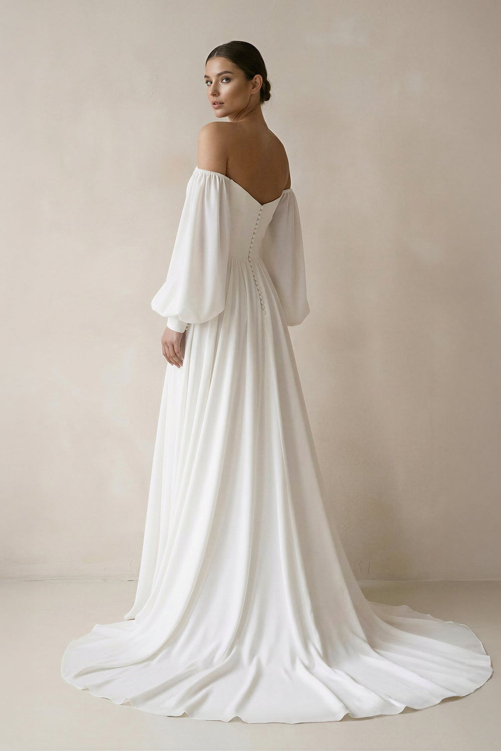 Off the Shoulder Chiffon Long - Sleeve Wedding Dresses in White - KISS BRIDAL Wedding Dresses