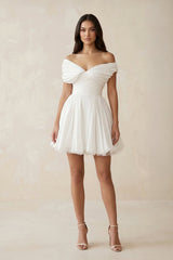 Off - the - Shoulder Chiffon Pleated A - Line Wedding Dress in Ivory - KISS BRIDAL Wedding Dresses