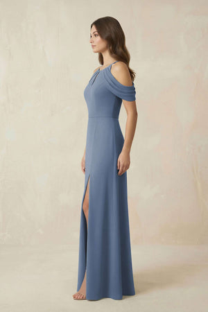 Off - the - Shoulder Chiffon Sheath Bridesmaid Dress Wiht Slit in Neptune - KISS BRIDAL Bridesmaid Dresses