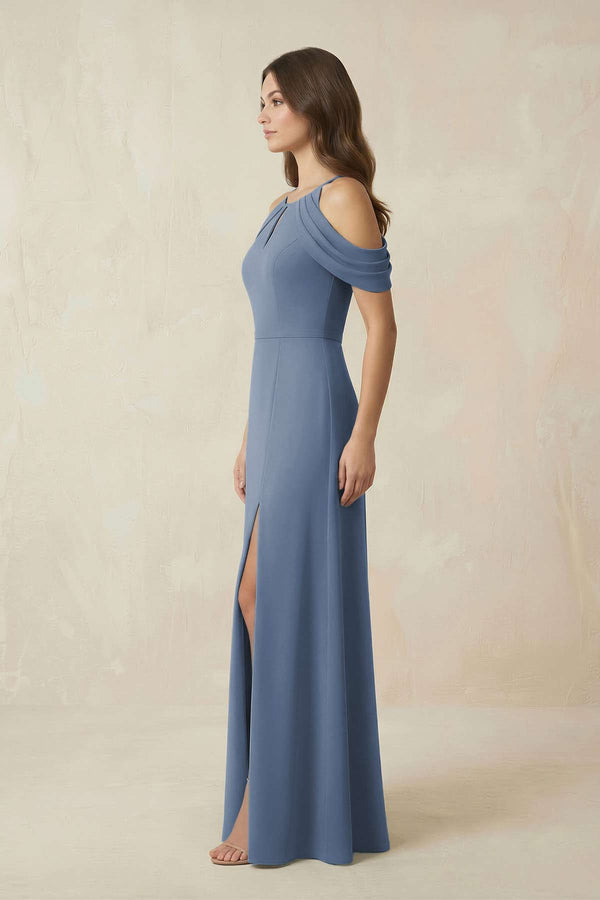 Off - the - Shoulder Chiffon Sheath Bridesmaid Dress Wiht Slit in Neptune - KISS BRIDAL Bridesmaid Dresses