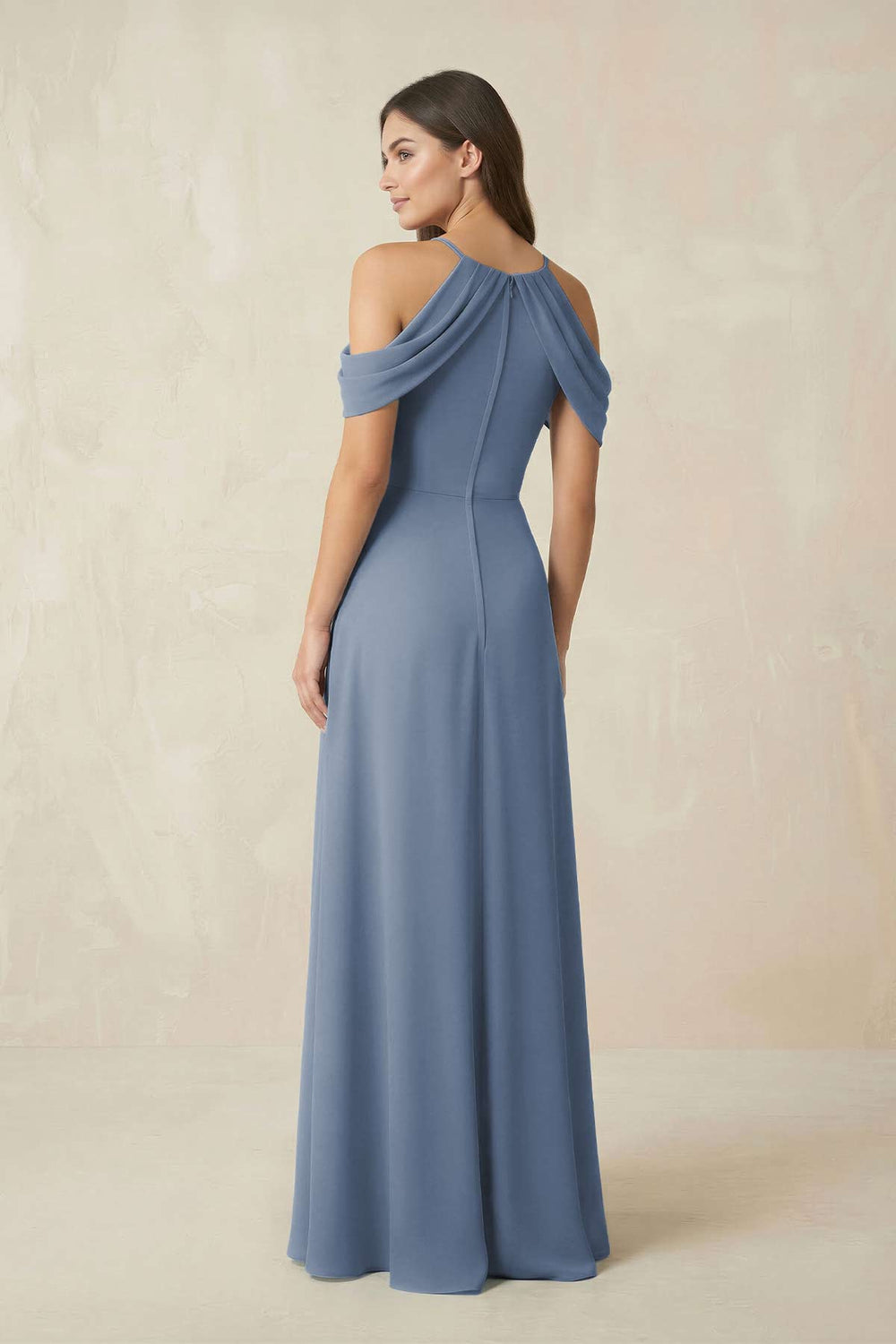 Off - the - Shoulder Chiffon Sheath Bridesmaid Dress Wiht Slit in Neptune - KISS BRIDAL Bridesmaid Dresses