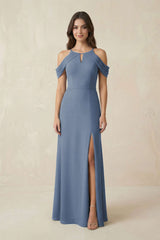 Off - the - Shoulder Chiffon Sheath Bridesmaid Dress Wiht Slit in Neptune - KISS BRIDAL Bridesmaid Dresses