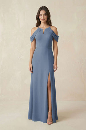 Off - the - Shoulder Chiffon Sheath Bridesmaid Dress Wiht Slit in Neptune - KISS BRIDAL Bridesmaid Dresses