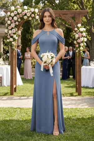 Off - the - Shoulder Chiffon Sheath Bridesmaid Dress Wiht Slit in Neptune - KISS BRIDAL Bridesmaid Dresses