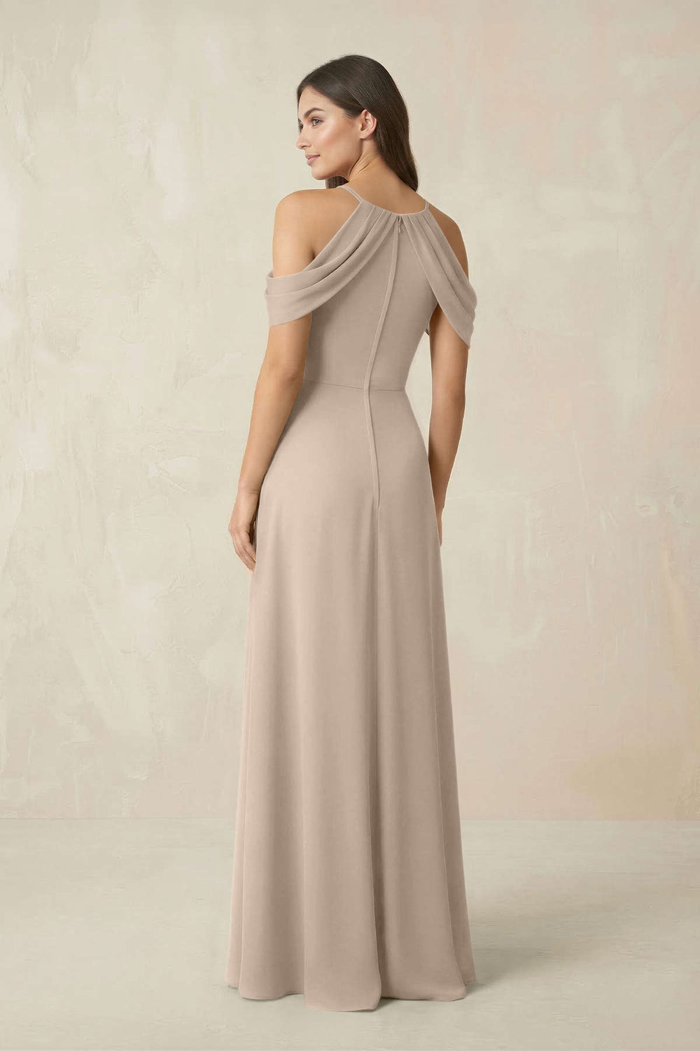 Off - the - Shoulder Chiffon Sheath Bridesmaid Dress With Slit in Almond - KISS BRIDAL Bridesmaid Dresses