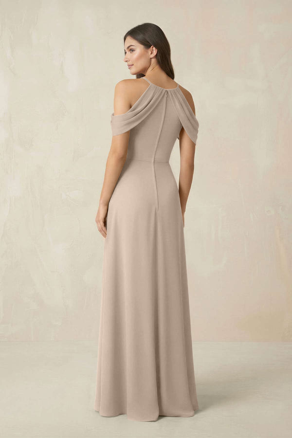 Off - the - Shoulder Chiffon Sheath Bridesmaid Dress With Slit in Almond - SHE IS ME Bridesmaid Dresses