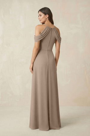 Off-the-Shoulder Chiffon Sheath Bridesmaid Dress With Slit in Almond (2) | KISSBRIDAL