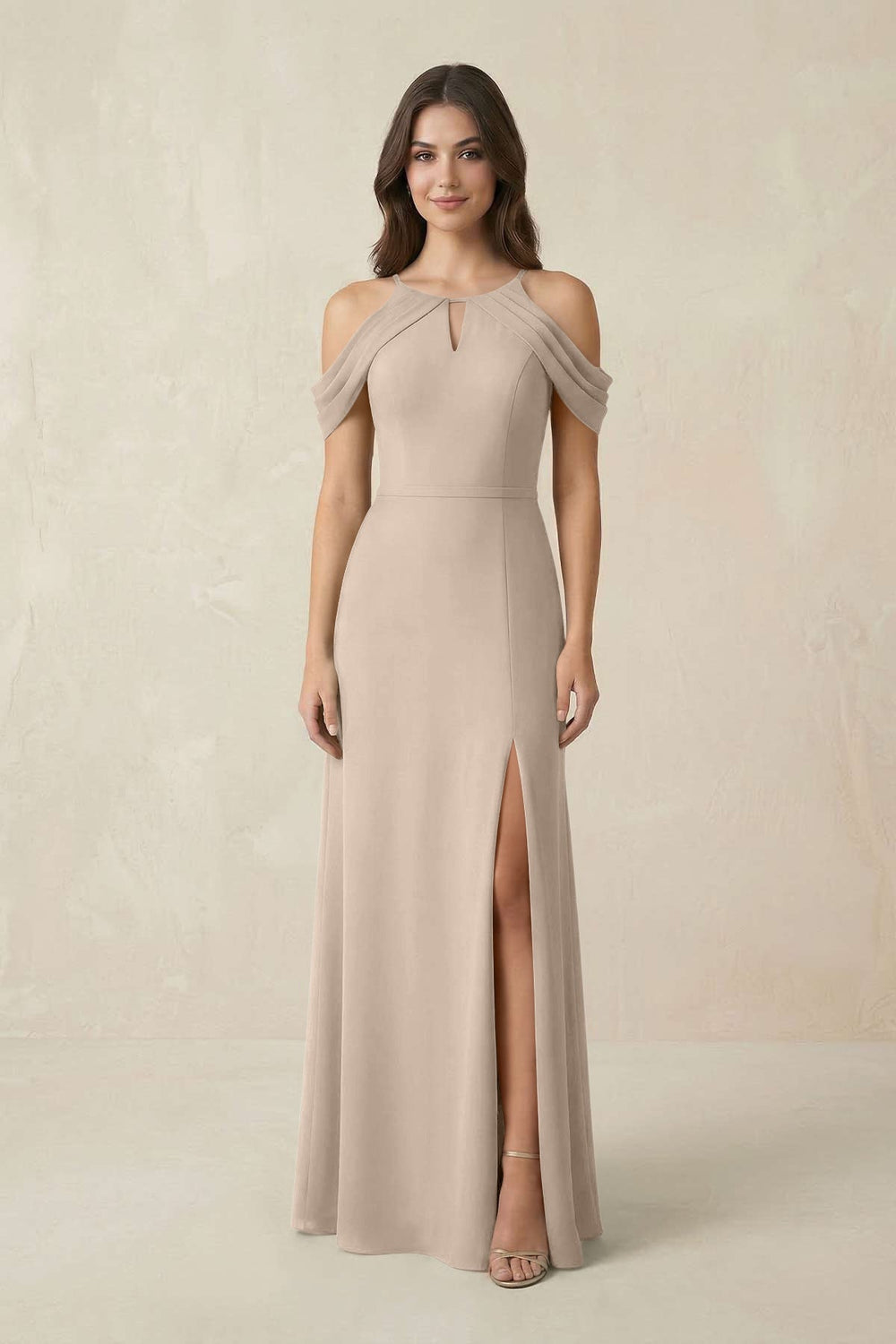 Off - the - Shoulder Chiffon Sheath Bridesmaid Dress With Slit in Almond - KISS BRIDAL Bridesmaid Dresses