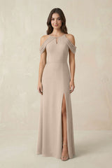 Off - the - Shoulder Chiffon Sheath Bridesmaid Dress With Slit in Almond - KISS BRIDAL Bridesmaid Dresses
