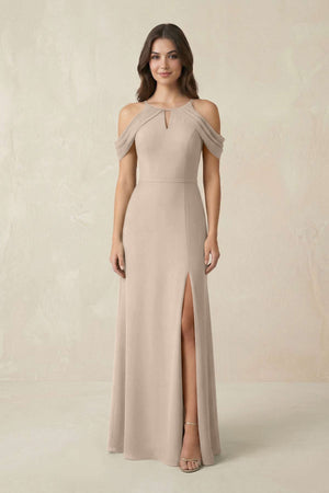 Off - the - Shoulder Chiffon Sheath Bridesmaid Dress With Slit in Almond - SHE IS ME Bridesmaid Dresses