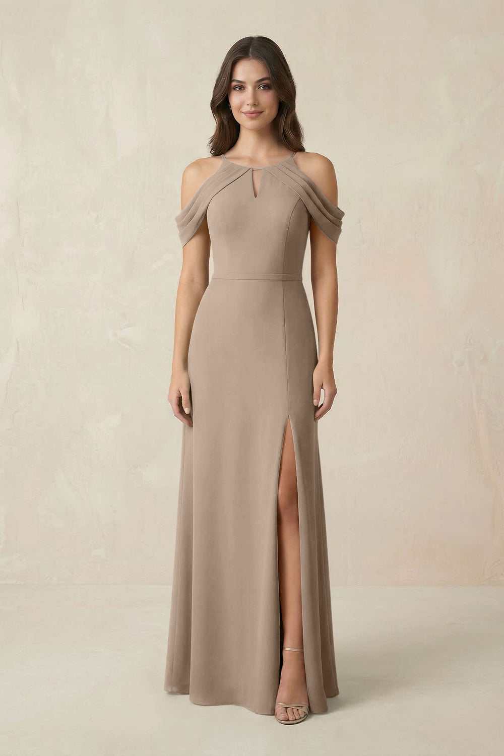 Off-the-Shoulder Chiffon Sheath Bridesmaid Dress With Slit in Almond
