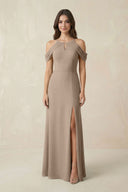 Off-the-Shoulder Chiffon Sheath Bridesmaid Dress With Slit in Almond | KISSBRIDAL