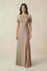 Off-the-Shoulder Chiffon Sheath Bridesmaid Dress With Slit in Almond | KISSBRIDAL