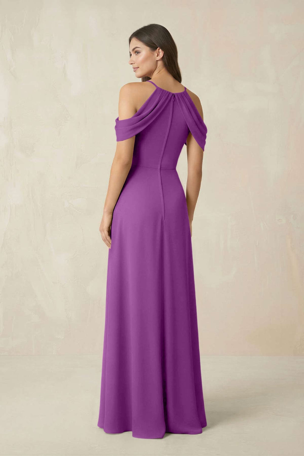 Off - the - Shoulder Chiffon Sheath Bridesmaid Dress With Slit in Amethyst - KISS BRIDAL Bridesmaid Dresses