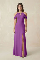 Off - the - Shoulder Chiffon Sheath Bridesmaid Dress With Slit in Amethyst - SHE IS ME Bridesmaid Dresses