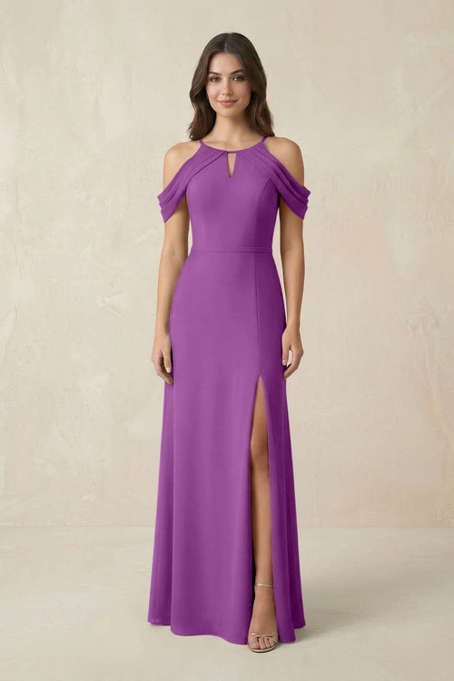 Off - the - Shoulder Chiffon Sheath Bridesmaid Dress With Slit in Amethyst - SHE IS ME Bridesmaid Dresses