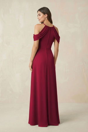 Off - the - Shoulder Chiffon Sheath Bridesmaid Dress With Slit in Berry - SHE IS ME Bridesmaid Dresses